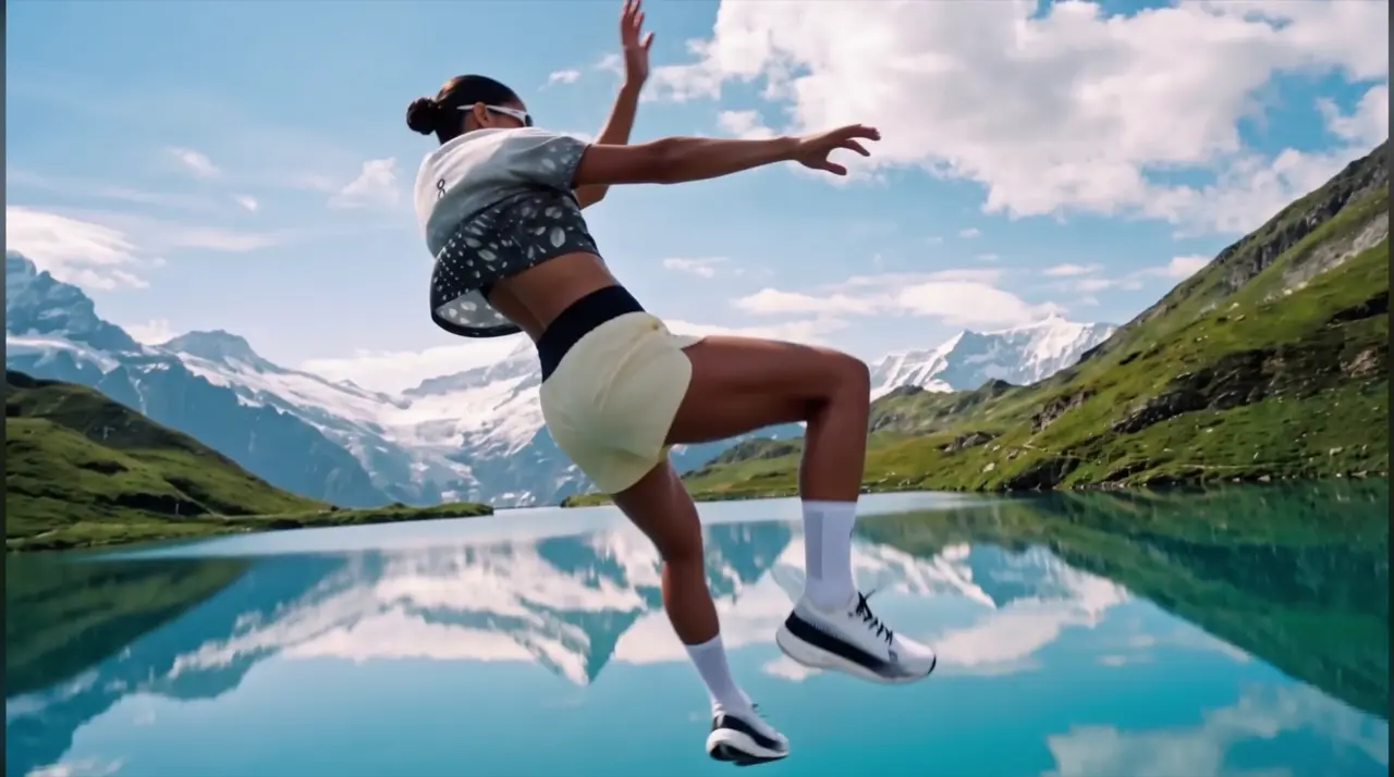 A runner suspended above an alpine lake, with mountains reflected in the water.